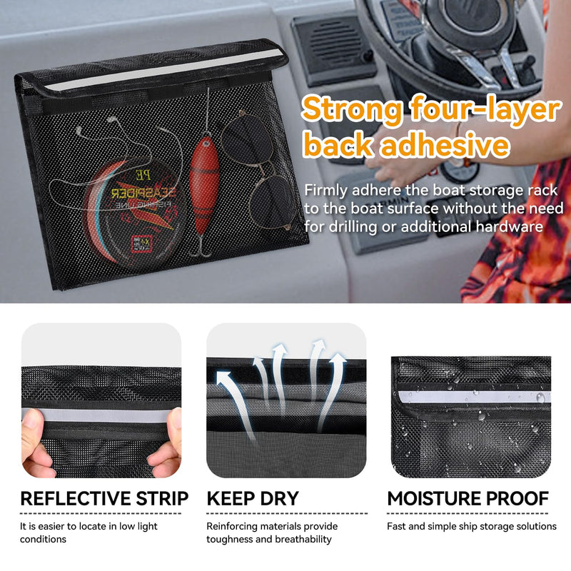 Boat Storage Bag, Boat Storage Caddy Organizer, Reflective Leak-Proof Mesh Bag with Lid, Adhesive Mount, 13.4"x9.8", for Gloves, Flashlight