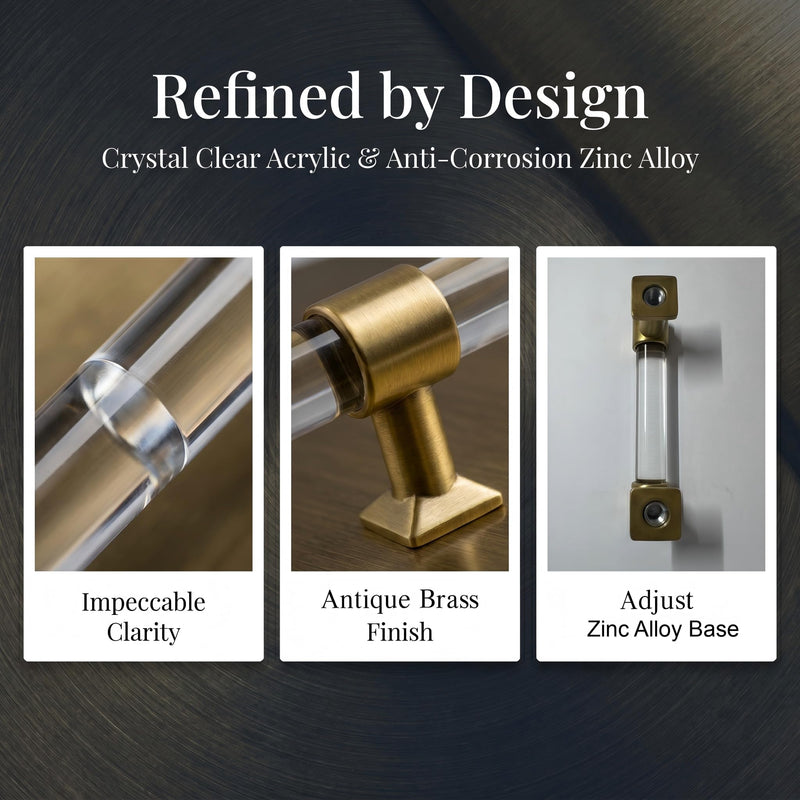 Orger 10 Pack Acrylic Cabinet Handles 3 Inch Cabinet Pulls Clear Crystal Cabinet Pull Handles for Kitchen Bedroom Bathroom Hardware Knobs and Pulls Hole Center: 3 inch Antique Brass