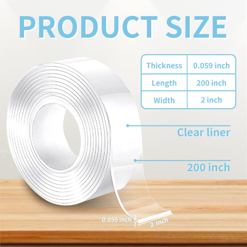 Double Sided Tape Heavy Duty, 2" x 200" Removable Washable Nano Mounting Tape, Clear Sticky Adhesive for Carpet Picture Poster Home Office RV Decoration – Holds 6lbs, 0.08" Thick 2" x 200" 1
