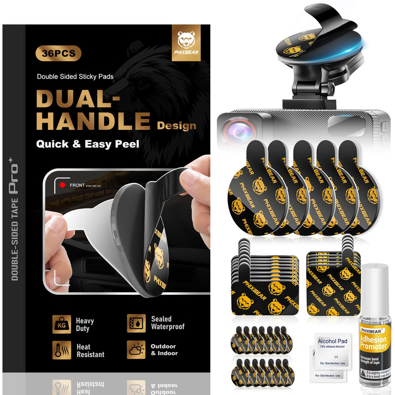 PHIXBEAR Extreme Env. Double Sided Sticky Pads for Dash Cam Mount - Outdoor Heavy Duty Strong Mounting Tape Waterproof Heat Resistant, 36Pcs 1’’ & 2’’ Adhesive Tape for Car Phone Holders