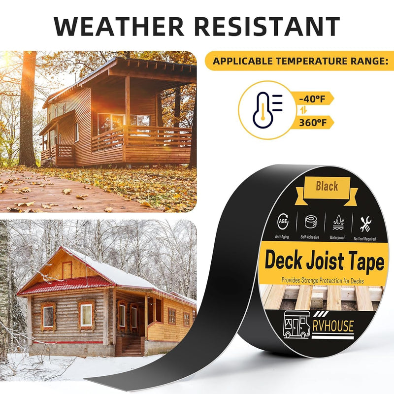 Deck Joist Tape 2 Inch x 50 Ft – Waterproof Butyl Sealant Tape for Extreme Temperature, UV Resistant & Anti-Corrosion, Ideal for Wood Joists, Beams, RV Roof & Outdoor Deck Protection 2" x 50 Ft Black 1 pack
