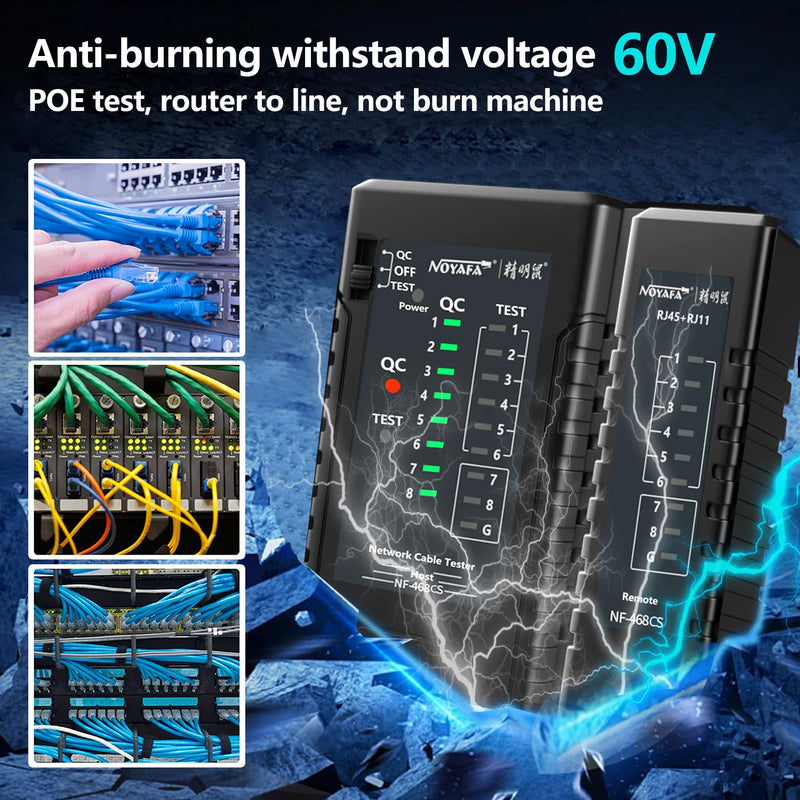 [Australia - AusPower] - NF-468CS Network Cable Tester,RJ45/RJ11/CAT5/CAT6/CAT5E/CAT6A/ CAT7/POE Test UTP/STP Continuity Tester Ethernet Cable Mapper Phone Line CAT3, Ethernet Cable Tester, LAN Cable Test Network Tools Black 