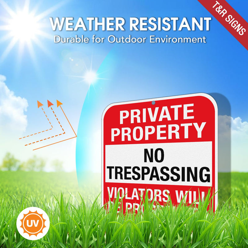 T&R Large (4 Pack) Private Property No Trespassing Sign - 12 x 12 Inches .040 Aluminum - 2 Pre-Drilled Holes - UV Protected, Waterproof and Fade Resistant RED - 12" x 12" - 4 Pack