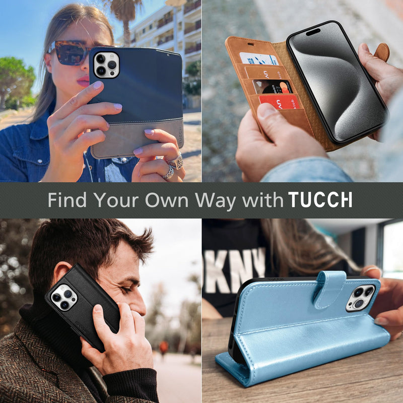 [Australia - AusPower] - TUCCH Case Wallet for iPhone 15 Pro Max, RFID Blocking 4 Card Holder Kickstand Shockproof TPU Inner Case, PU Leather Magnetic Flip Folio Cover, Black 