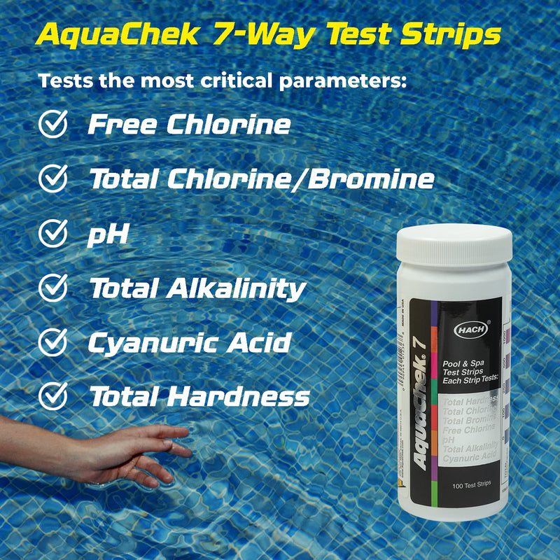 AquaChek 7-Way Pool and Spa Test Strips - Silver Pool Test Strips For pH, Total Chlorine, Free Chlorine, Bromine, Alkalinity, Total Hardness, and Cyanuric Acid - Water Quality Testing Kit (100 Strips) 1-Pack test strip