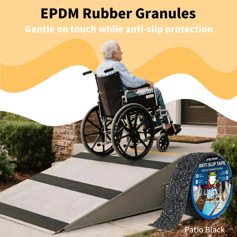 Waterproof Anti-Slip Traction Tape, 2" x 16.5 FT | Heavy-Duty EPDM Rubber Granule Surface, Strong Grip & Resilient Foot Contact | Indoor & Outdoor for Pool, Bath, Ramps, Stairs and Steps 2\" X 16.5ft Patio Black