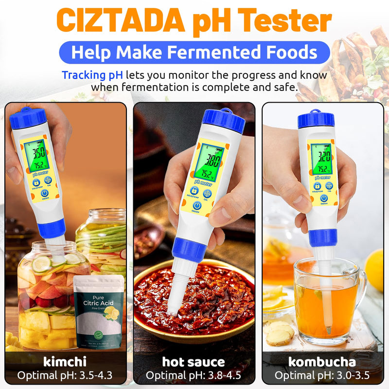[Australia - AusPower] - Smart pH Tester for Food and 15 Pack pH Calibration Buffer Powder for Food Fermentation, Digital Food pH Meter with pH 7.00/4.00/10.01 Calibration Solution Powder Kit for Kombucha Meat Sourdou 