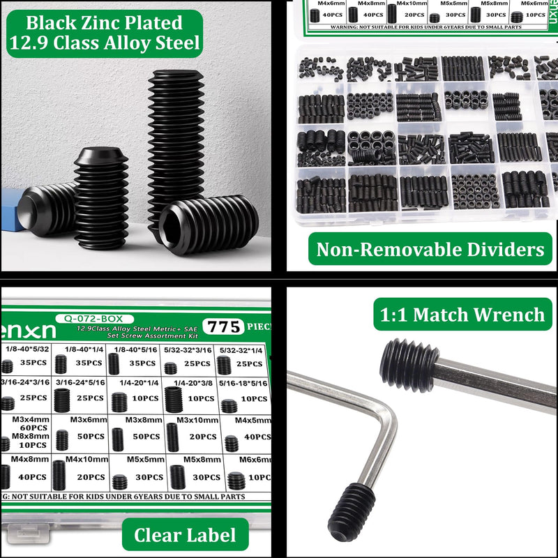 [Australia - AusPower] - 775PCS Metric +SAE Set Screw Assortment Kit, Hex Socket Head Cup Point Set Screws 12.9 Class Alloy Steel Grub Screw, Internal Hex Drive Cup-Point Screw (M3-M8, 1/8"-40 to 5/16"-18) Black 775PCS 