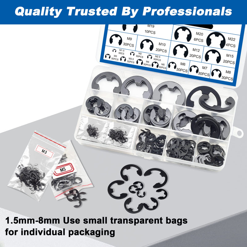 [Australia - AusPower] - E Clip Circlip External Retaining Rings Assortment Kit, 550PCS E Clips External Carbon Steel Rings and 1 PC Tweezers, Includes Sizes of M1.5-M22 551pcs E-clip 