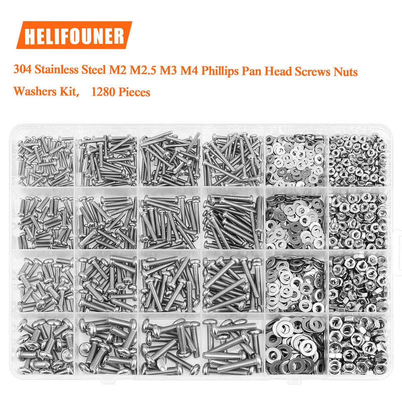 [Australia - AusPower] - 1280 Pieces M2 M2.5 M3 M4 304 Stainless Steel Phillips Pan Head Machine Screws, Metric Screws Bolts Washers Nuts Kit, 304 Stainless Steel 