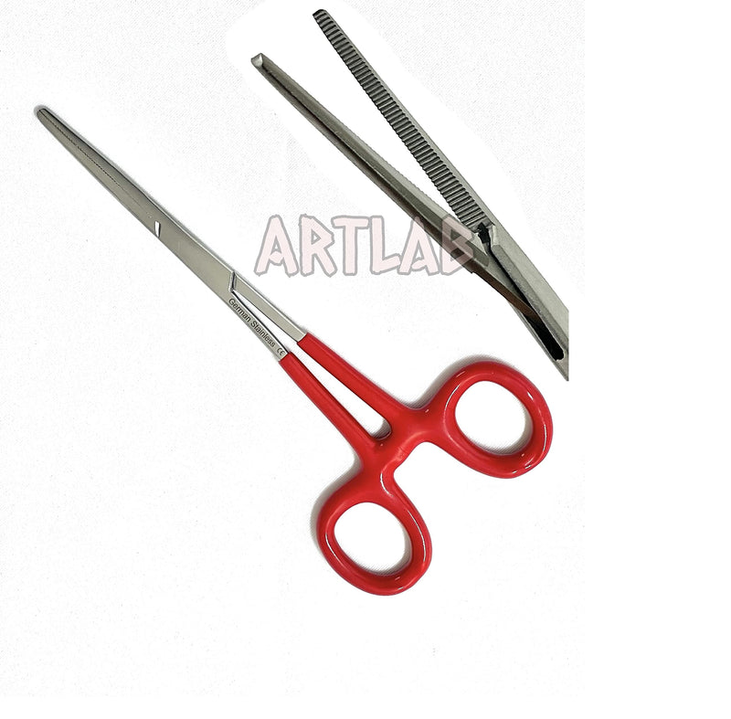 German Vinyl Grip Locking Straight & Curved Hemostat -Hemostat Forceps- Stainless Steel Locking Tweezer Clamps - Ideal Hemostats for Nurses, Fishing Forceps, Crafts and Hobby (RED STR+CVD 6.25") RED STR+CVD 6.25"