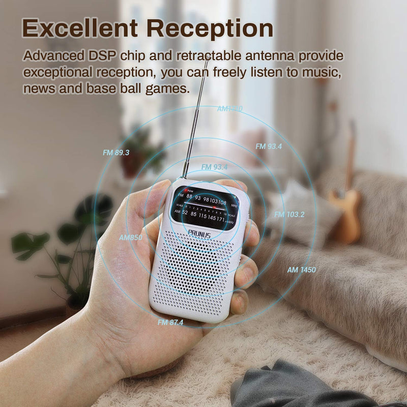 [Australia - AusPower] - PRUNUS J-777 Pocket Radios Portable AM FM Small Walkman Radio with Best Reception, 2 AAA Battery Operated Transistor Radio with Headphone & Speaker for Walk/Jogging/Gym/Camping White 