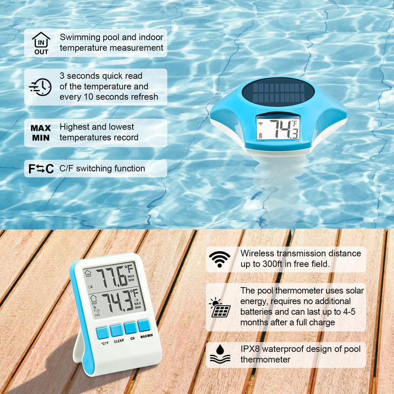 [Australia - AusPower] - Circrane Solar Pool Thermometer, Wireless Floating Digital Thermometer, IPX8 Water Proof, Solar Powered with 150 Days Battery Life for Hot Tub/Ice Bath/Swimming Pool/Aquarium, Blue 