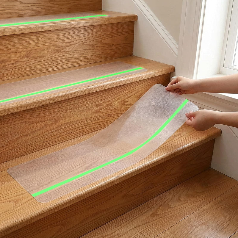 Breling 10 Pcs 8"x30" Non Slip Stair Treads with Glow in The Dark Strips Clear Anti Slip Tape Non Slips Stair Tape with Application Roller Waterproof Self Adhesive Strips for Indoor, Outdoor Steps