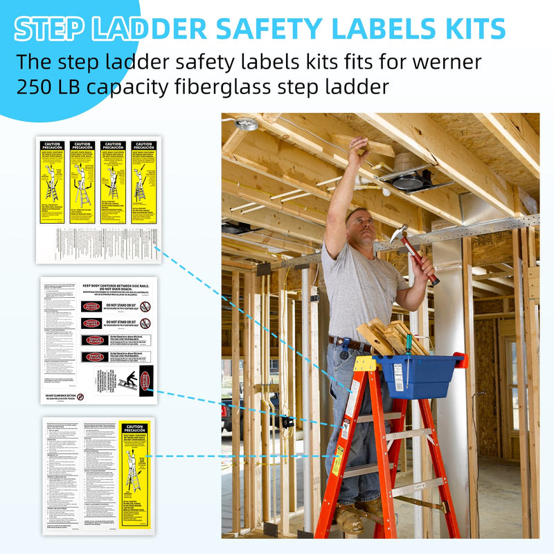 4 Pack 250 LB Step Ladder Safety Label Kit Replacement for Werner Type 1 250 Load Capacity Step Ladders, Fiberglass Stepladders Safety Stickers