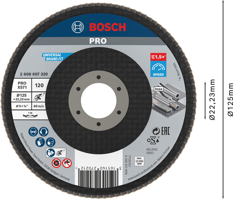 [Australia - AusPower] - Bosch 1 x PRO Metal X571 Flap Sanding Disc, Angled Design, Fibre, for Small Angle Grinders (for Steel, Stainless Steel, Diameter 125 mm, Grit 120, Professional Accessories, Small Angle Grinder) Ø 125 mm 120 grit 