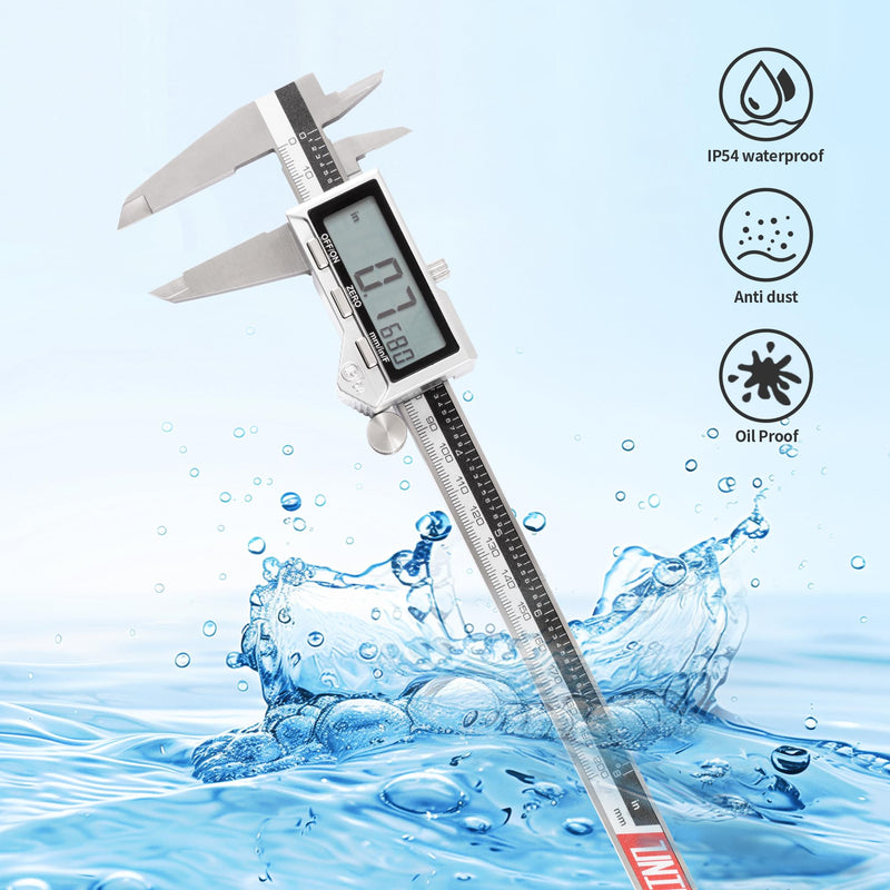 8 Inch/ 200mm IP54 Grade Stainless Steel Digital Caliper & Stainless Steel Rule, Inch/Millimeter/Fraction Conversion, Large LCD Screen IP54 8"