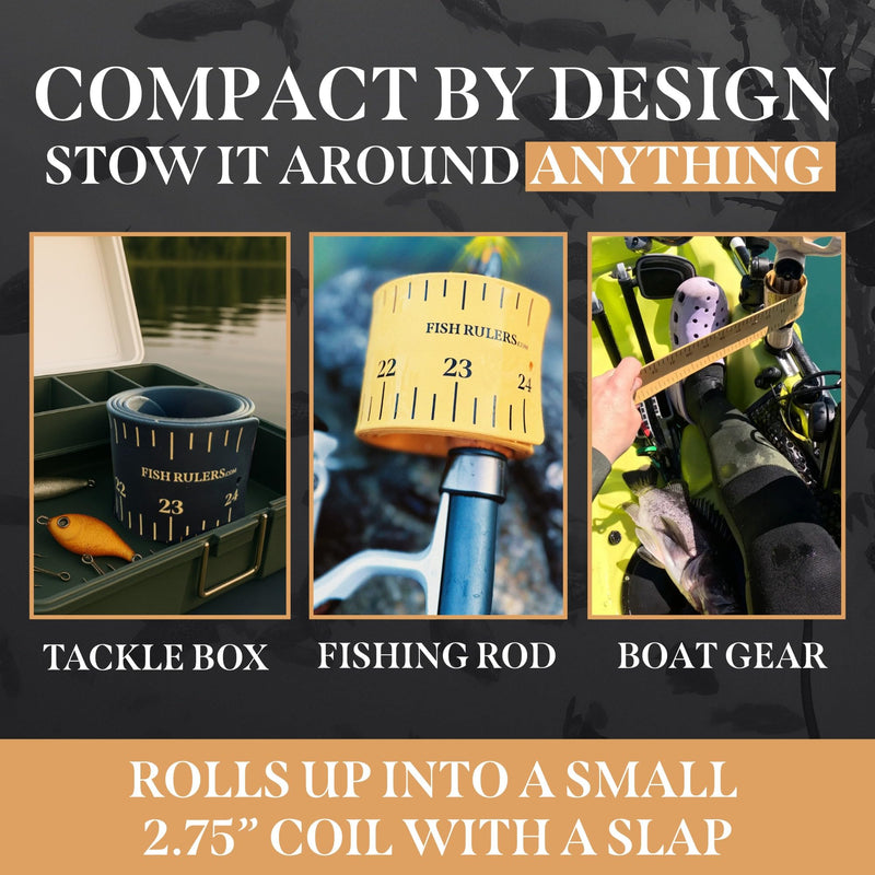 Roll-up & Slap-on Premium Fishing Tape Measure - Easy-to-Read Catch and Release Fish Measuring Device for Boat & Kayak Accessories - Compact & Extendable Fish Ruler (Black - 24" Inches) Black