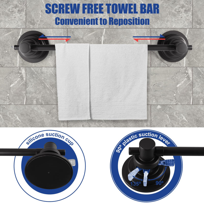 SLIIMU Suction Cup Towel Bar for Shower with 5 Hooks, 17-28 Inch Adjustable Long Bathroom Wall Washcloth Rack,Extendable Glass Shower Door Suction Rag Holder,Towel Rod for Bath Kitchen (Black) Black