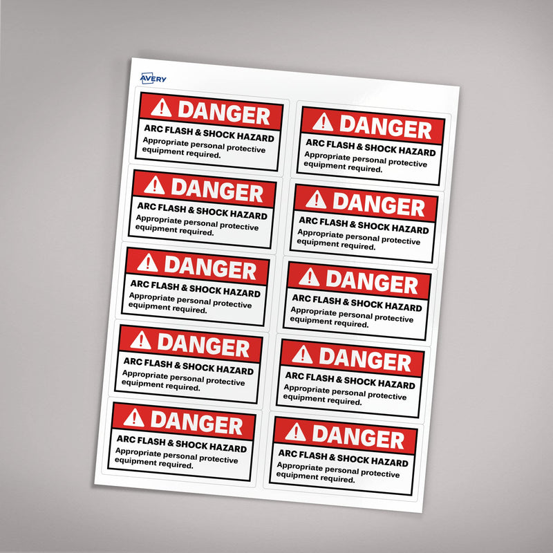 Avery Arc Flash/Danger Labels, Waterproof, UV Resistant, Preprinted, 2" x 4", 20 Warning Decal Labels 2" x 4" 20 labels