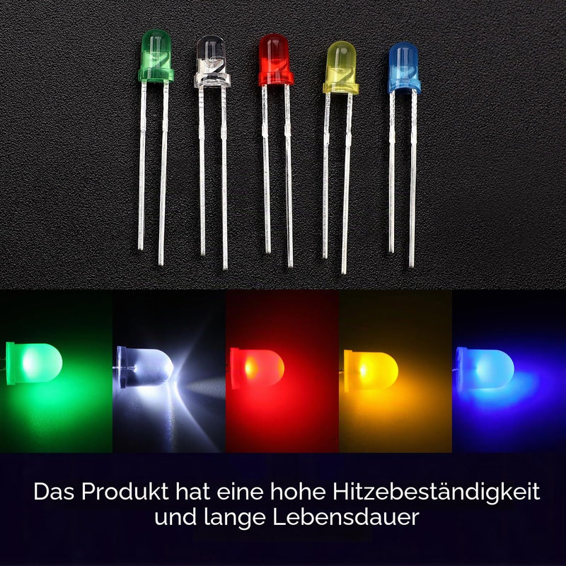 150 pieces 3 mm LED diodes, 2-pin light-emitting diode, round head LED diode, white/green/red/blue/yellow 3mm