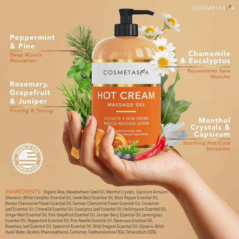 [Australia - AusPower] - Cosmetasa Hot Cream Massage Gel with Massager Mitt- Natural and 87% Organic Cellulite Cream - Multi Use, Skin Toning for Joints and Muscle - 16.9 oz Hot Cream & Scrub 16.9 Fl Oz (Pack of 1) 