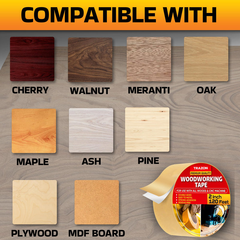 Trazon Double Sided Woodworking Tape Super Strong, 2 Inch x 120 Feet, Wood Crafter Sticky Tool, Two Side Adhesive for Router Templates and CNC Machine, Removable & Residue Free 1 2 Inch x 120 Feet, 1 Pack
