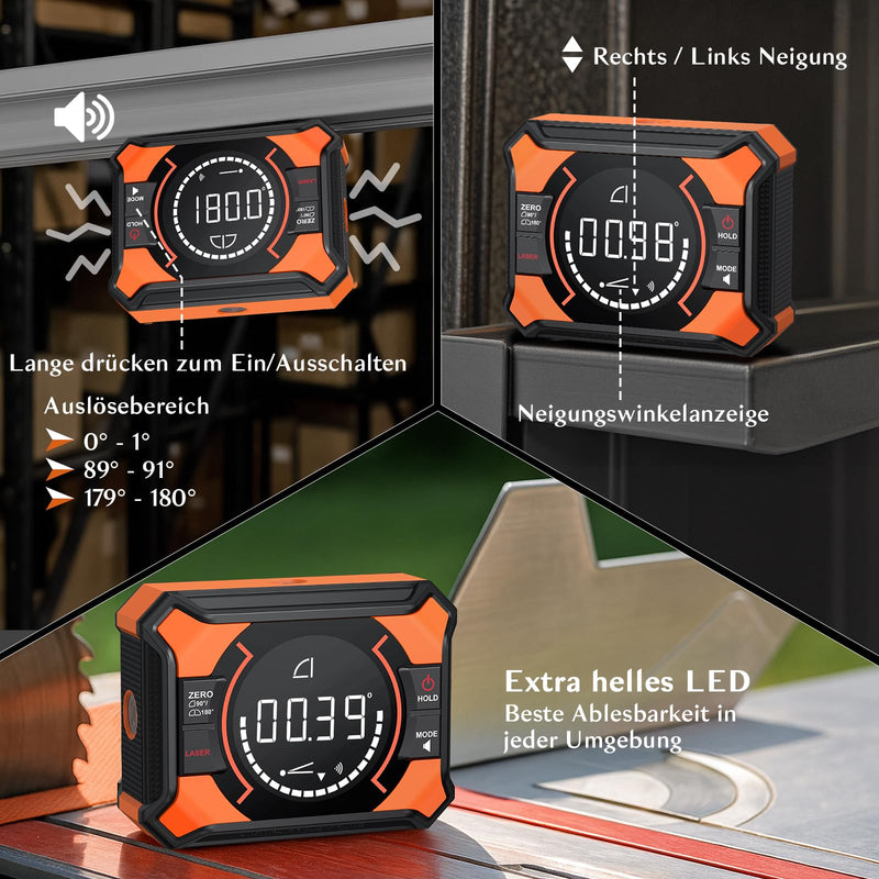3-in-1 Digital Protractor, Laser Spirit Level Inclinometer with Magnet Rechargeable Angle Gauge 0-90° & 0-180°, Spirit Level 10 m Cross Lines Laser for Pipe, Woodworking, Hanging Frame, Saws Mit Kreuzlaser