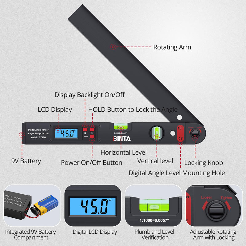 [Australia - AusPower] - BINTA Digital Angle Finder 0-225° Range, Aluminum Backlit LCD Digital Protractor with Horizontal/Vertical Dual Bubble Meter Storage Bag for Woodworking, Construction, Machinery, Home DIY (Black) Black 
