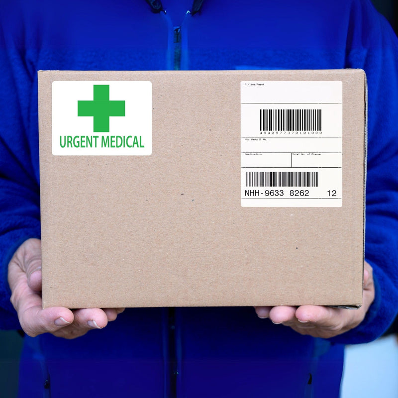 Urgent Medical Labels with Green Cross - Roll of 400 Latex-Free Stickers 100mm x 80mm (Approx 4" x 3") on 38mm (1.5") Core with Strong Adhesive. for Courier, Healthcare, Pharmacy, Clinic or Lab Use.