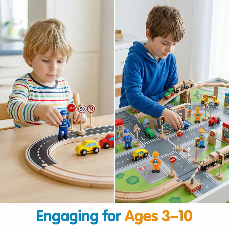 Wooden Traffic Signs & Community Helper Figures Toy Set – Includes Police, City & Construction Workers, Road Signs & Traffic Lights – Works with Train Tracks, Toy Cars, Play Rugs & Mats – Ages 3–10