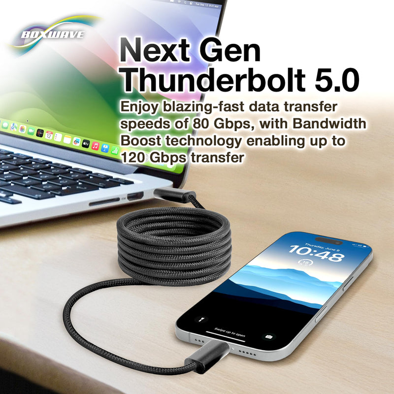 BoxWave Cable Compatible with Bumpboxx Retro Pager - SnapWrap Thunderbolt 5.0 Cable (5ft 240W), Magnetic Self-Coiling Nylon Braided Retractable - Jet Black