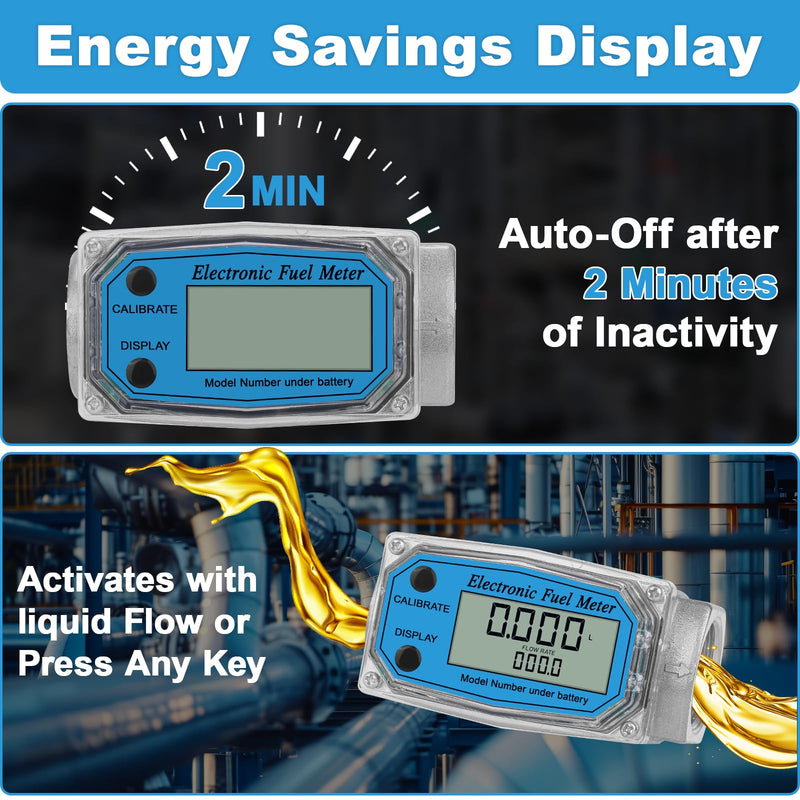 [Australia - AusPower] - 1" 2.6-26 GPM Inline NPT Thread Flowmeter, Digital Turbine Fuel Flow Meter, for Water, Diesel, Gas Oil, Gasoline, and Other Liquids - Supports Gallon, QTS, PTS, L, m³ with 3/4 in Adapters 