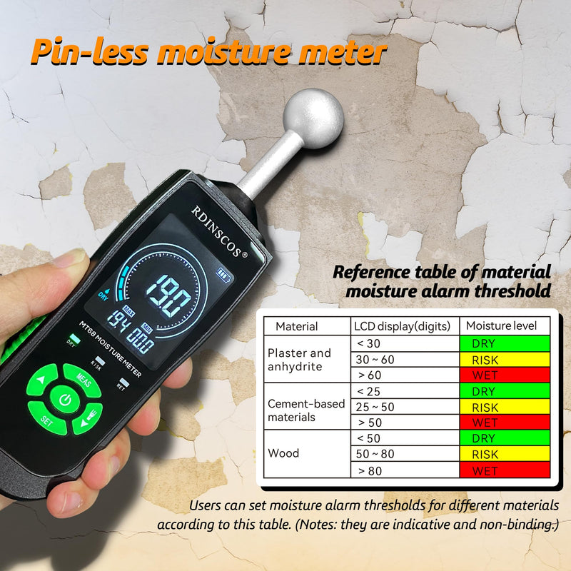 RDINSCOS Ball Probe Moisture Meter Non-Invasive Digital Moisture Detector with 40 mm Depth, Flashlight, LCD Display MT68