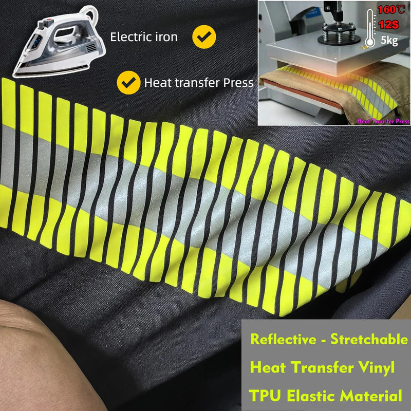 JINBING Reflective Heat Transfer Vinyl Stripes Fluorescent Yellow with Silver Reflective Strip Elastic Iron On Tape for Clothing 2 inch x 33feet