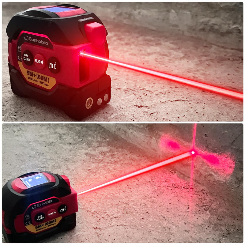Laser Tape Measure 3 in 1 with Laser Level Crosshairs |196ft/60m Laser Distance+16ft/5m AutoLock Tape |Backlit LCD Display (Ft/Inch/M/mm) |for DIY,Construction, Interior Design (Red) Red
