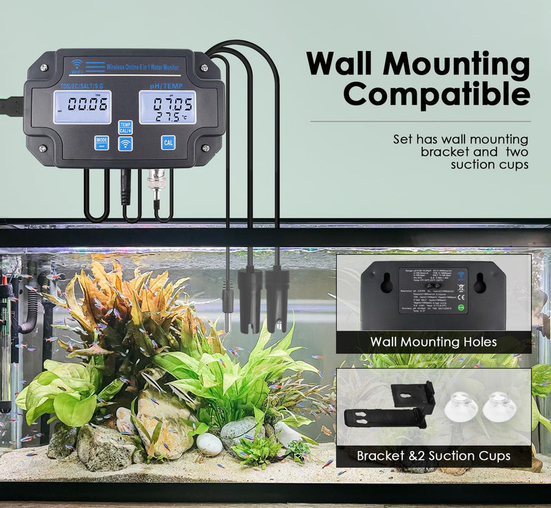 [Australia - AusPower] - Smart Water Quality Tester 6-in-1 pH/EC/TDS/Salinity/S.G and Temperature Meter with Wi-Fi Continuous Monitor Wall-Mounted pH Water Meter with ATC and Easy Calibration for Aquariums, Hydroponics 