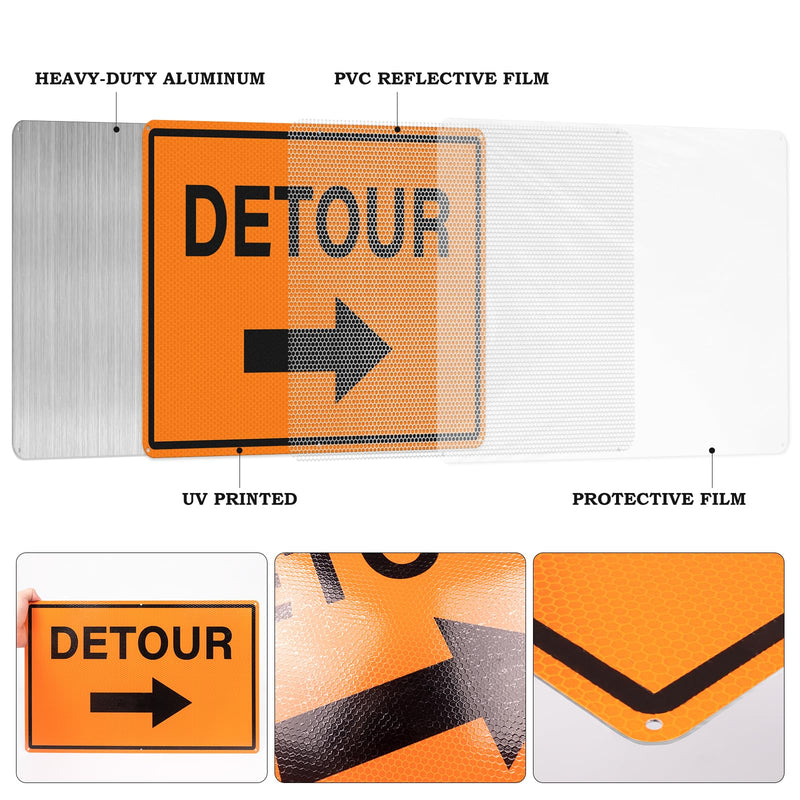 2 Pack Detour Sign with Right Arrow 12 x 18 Inch Reflective Aluminum Traffic Signs Rust-Free Waterproof Road Barricade Signs for Construction Zones Parking Lots Driveways Orange-Right Arrow