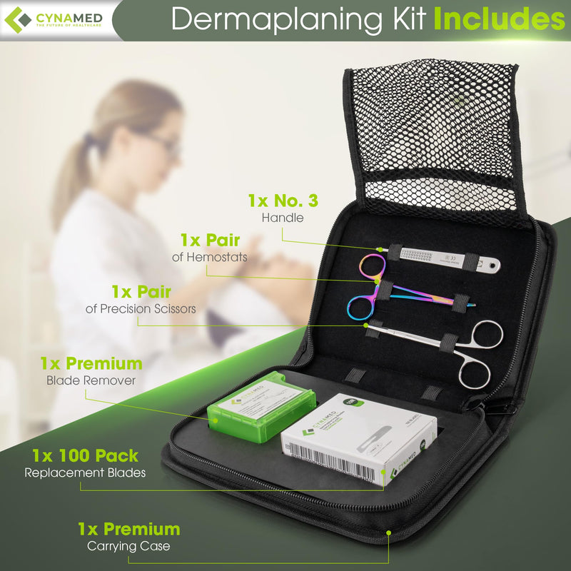 [Australia - AusPower] - Dermaplaning Kit 5PC – 100 Replacement Blades 10R, Premium Blade Remover, Precision Scissors, Hemostats, No.3 Handle & Carrying Case – Professional Exfoliation Tools for Skincare Treatments 10R Blades 