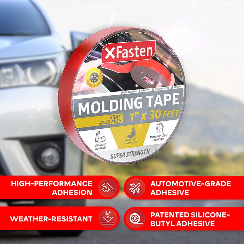 XFasten Super Strength Automotive Molding Tape, Gray, 1-Inch x 30-Foot, Double Sided Exterior Mounting Tape for Auto Body Molding, Trim, Side Mirror, Emblem, Nameplate and Outdoor Applications