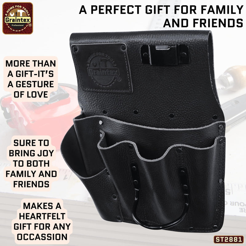 Graintex Drywall Pouch Heavy Duty Top Grain Leather, Steel Hammer Holder, Drywall Tool Belt, Framers Tool Pouch, Construction, Carpenter, Electricians, Ideal for Tradesmen Black Rugged Right Handed