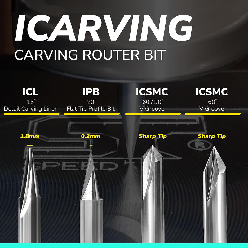SPEED TIGER Carving Router Bit Set - ICARVE 60° & 90° V Groove, 15° Detail Carving Liner, 20° Flat Tip Profile Bit (4 Pieces) – Mill Bits Sets for DIYers & Professionals