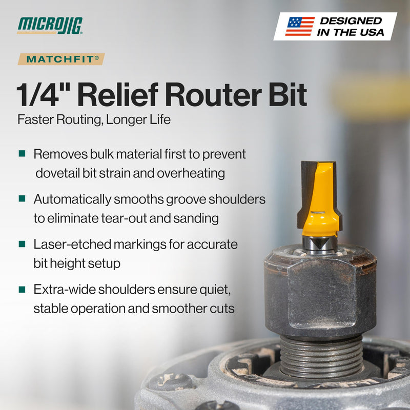Microjig MATCHFIT 1/4" Relief Router Bit, Straight Grooving Dovetail Track Cutter for Woodworking, Cabinet and Furniture Projects, MB-025-025ST, Yellow