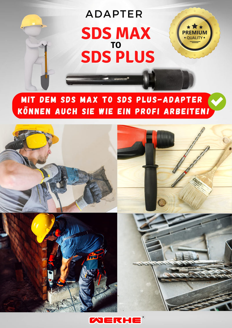 WERHE SDS-Max to SDS-Plus Adapter Chrome Vanadium Steel for Hammer Drills | Sandblasted surface, rust protection, tool-free assembly, rubber protection, for drills, chisels, core drills, length 25 cm Adapter Sds Max to SDS Plus