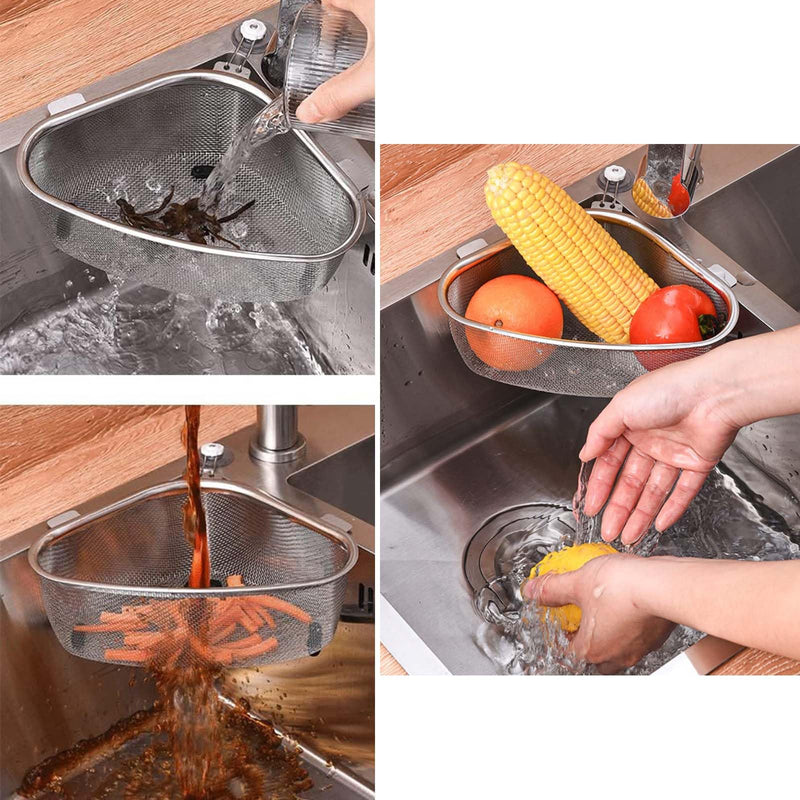 Triangle Strainer Basket Stainless Steel Multi-Functional Drain Basket, Large Thickened Drain Basket Sink, Kitchen Sink Strainer, Filter Tray Drain Hanging Drain Basket Strainer Kitchen Storage Shelf