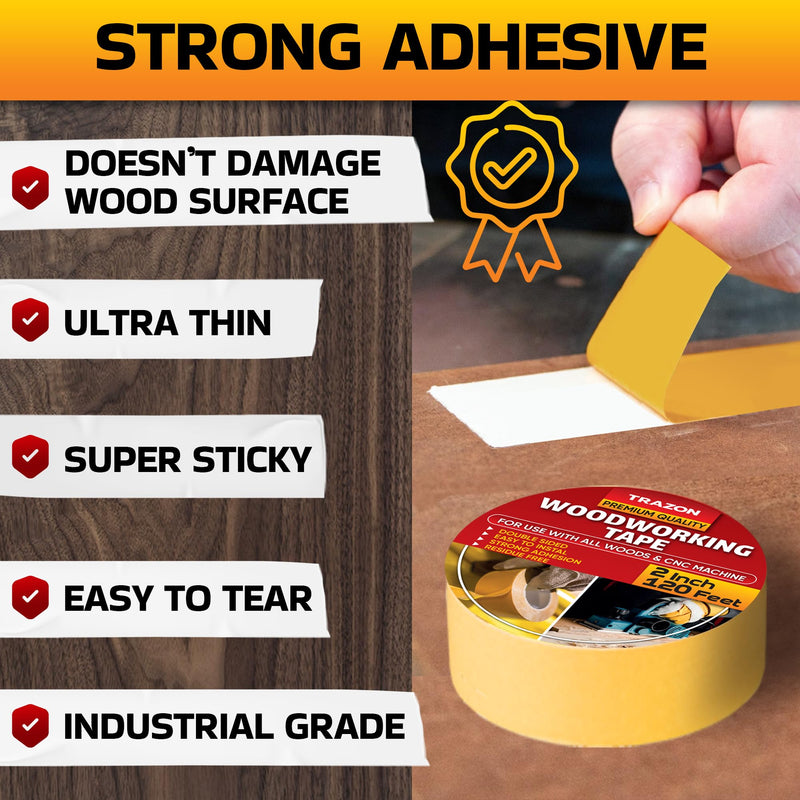 Trazon Double Sided Woodworking Tape Super Strong, 2 Inch x 120 Feet, Wood Crafter Sticky Tool, Two Side Adhesive for Router Templates and CNC Machine, Removable & Residue Free 1 2 Inch x 120 Feet, 1 Pack