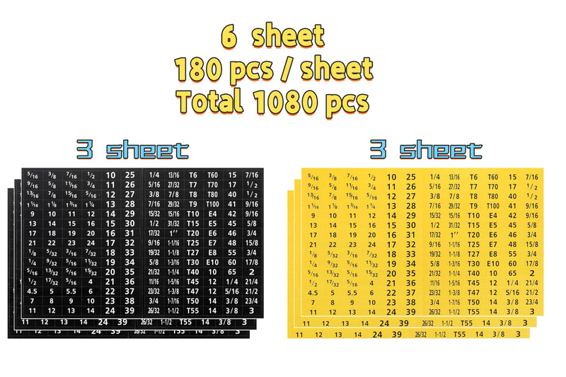 [Australia - AusPower] - Tool Labels, 6 Sheet(180 pcs/Sheet) Total 1080 pcs Wrench Socket Screwdriver Size Stickers for Toolbox Sets Decals Tools Labeling Organization, Black Yellow Black & Yellow 