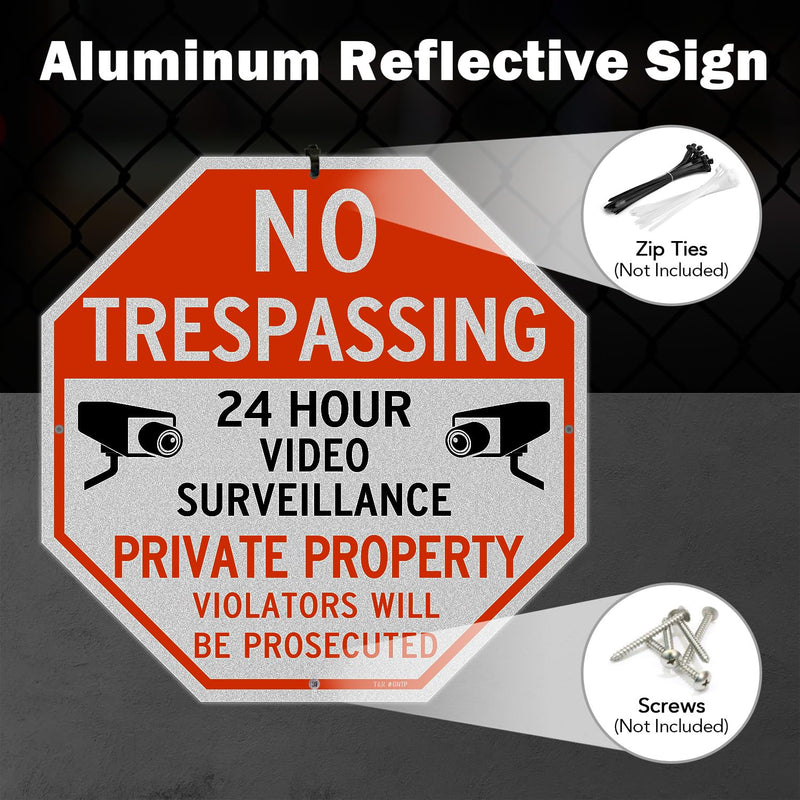 T&R Large No Trespassing Private Property Sign Video Surveillance Sign - 4 Pack - 12"x12" .040 Rust Free Heavy Aluminum, Reflective, Waterproof, Weatherproof and Fade Resistant, 4 pre-drilled holes, Easy to Mount RED - 12"x12" - 4 Pack