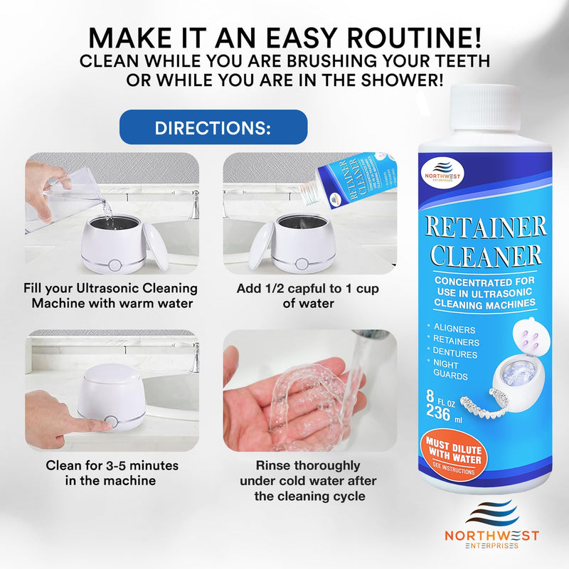 [Australia - AusPower] - NORTHWEST ENTERPRISES Ultrasonic Retainer Cleaner Solution Concentrate for Ultrasonic Machines - Cleans Mouthguards, Invisalign & Nightguards - Odor, Stain & Discoloration Remover (8 oz) 8 ounces 