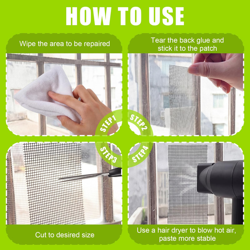 CroBlissful 6pcs Extra Wide 10" x 10"Window Screen Patches Repair Kit Black Screen Tape Mesh Replacement Door Strong Adhesive Fiberglass Repair for Window Door Holes Tent Nets